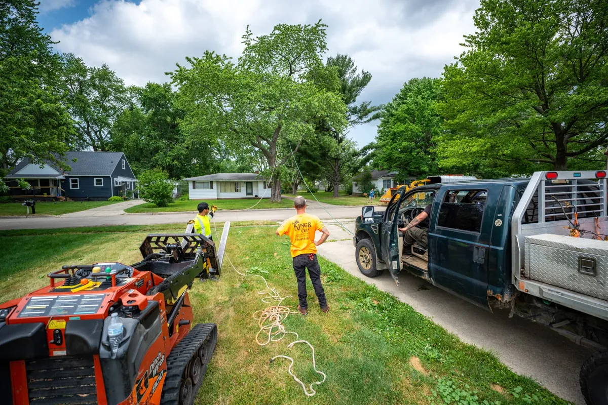 Crew and equipment staged in a front yard for a tree removal